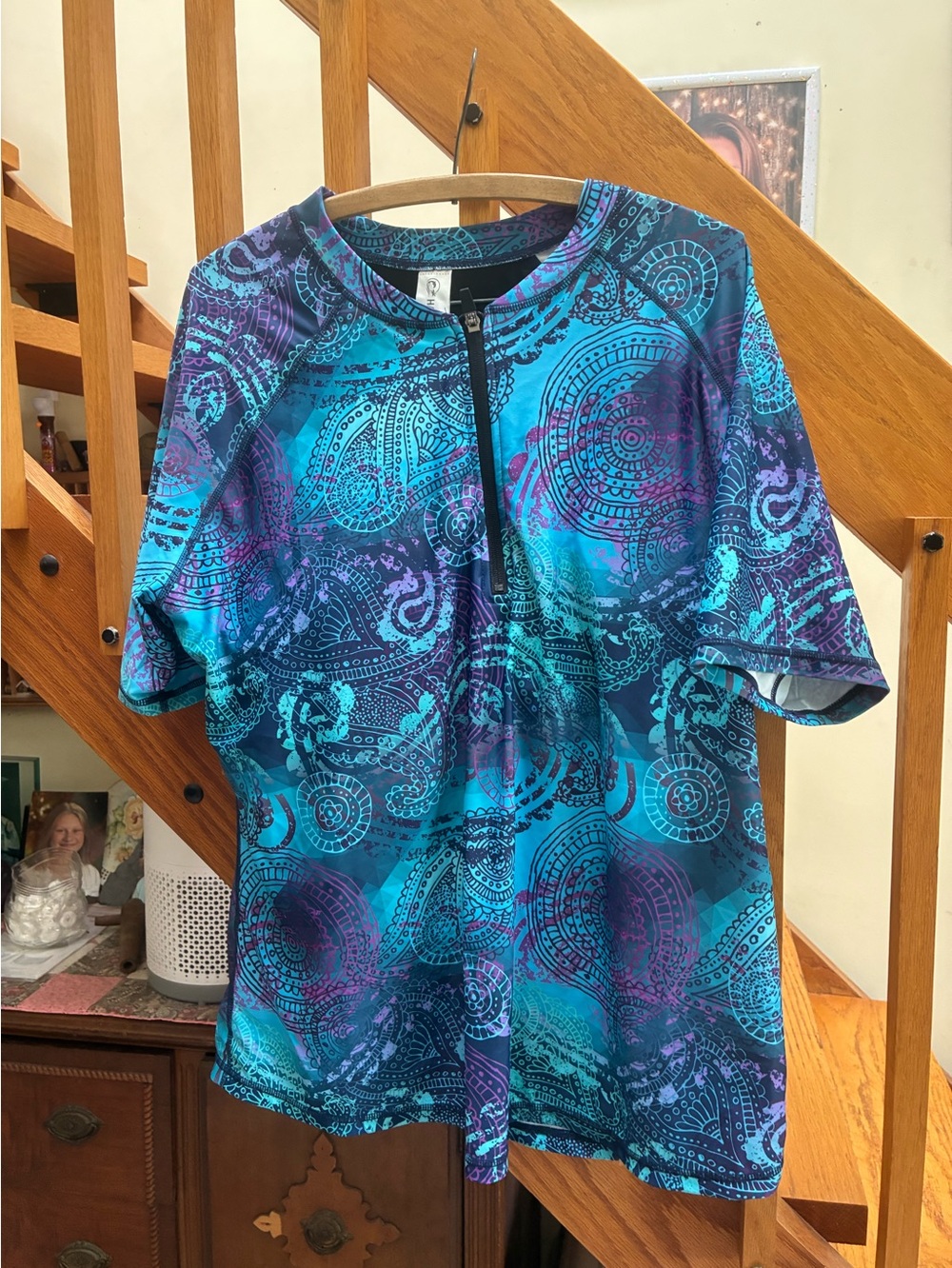 Teal & Purple Patterned Short Sleeve Zip-Front Swim Shirt. LNWOT Halcurt 1X